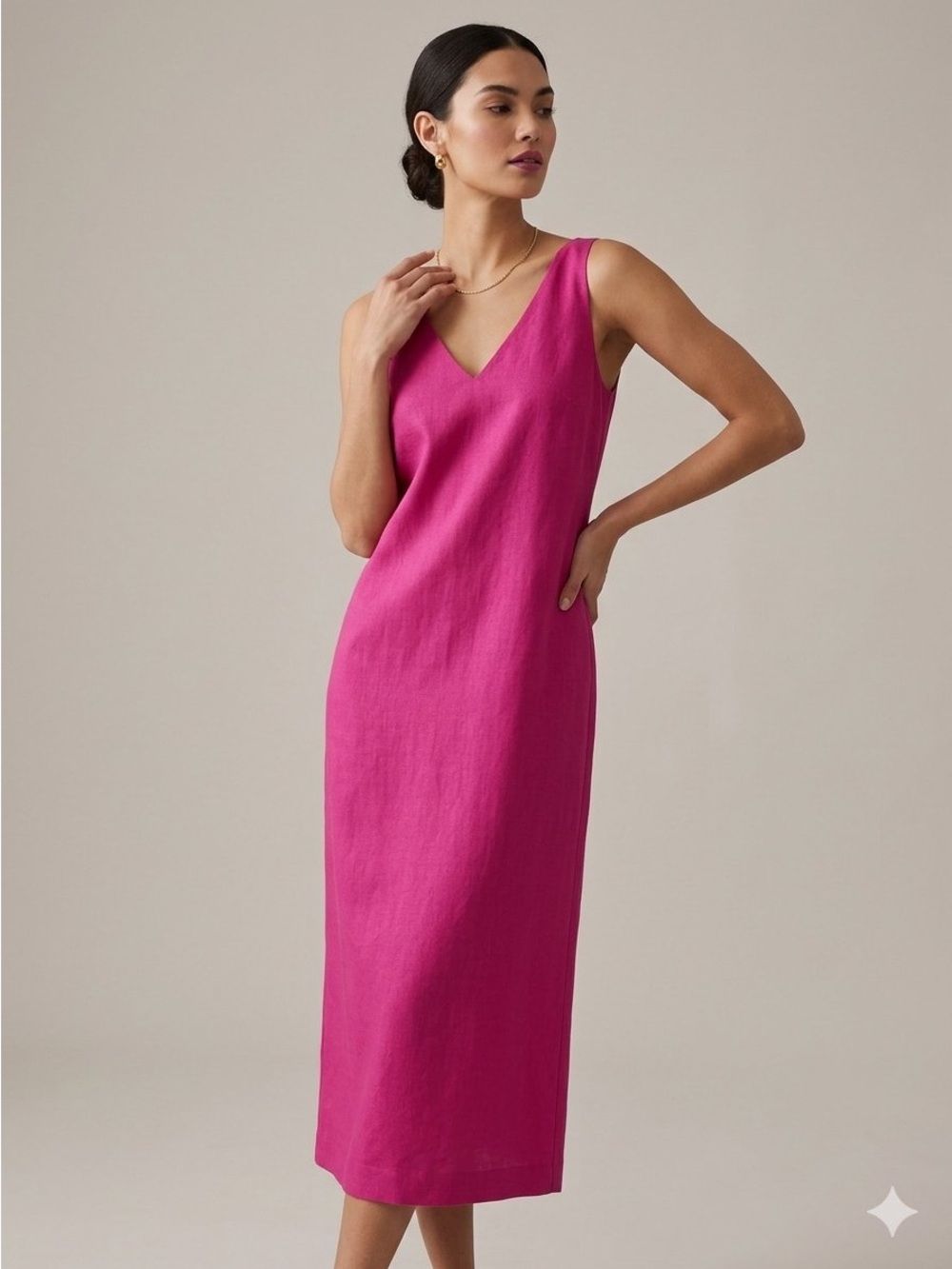 LRL 100% Linen Hot Pink V-Neck Midi Dress (10)